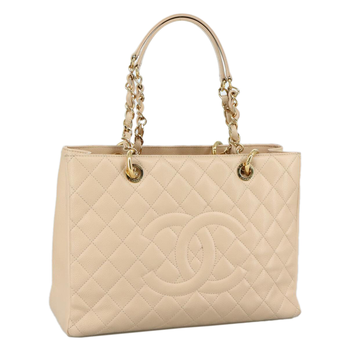 CHANEL Beige Gold CC Matelasse Chain Tote in Caviar Leather Auth PP121V