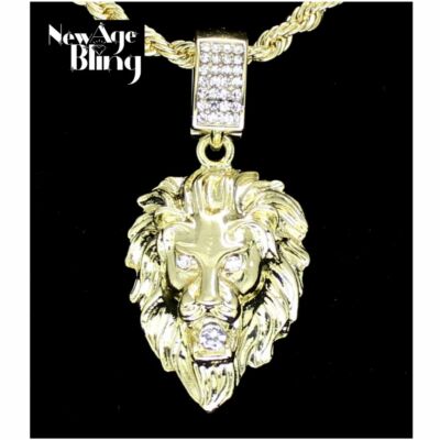 Mighty Lion Iced Cubic Zirconia Pendant 24'' Rope Chain 14k Gold Plated Hip Hop 