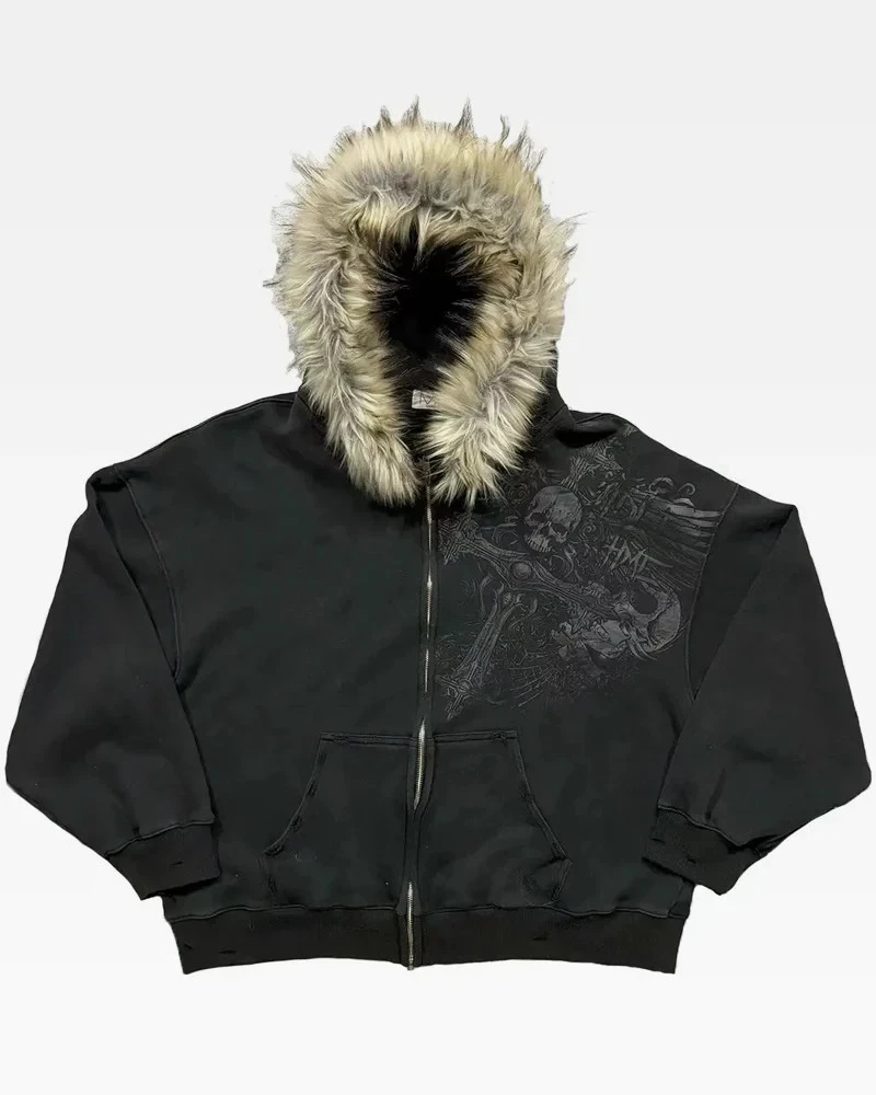 Black Fur Hooded Y2K Zip Up Hoodie Unisex Streetwear Archive