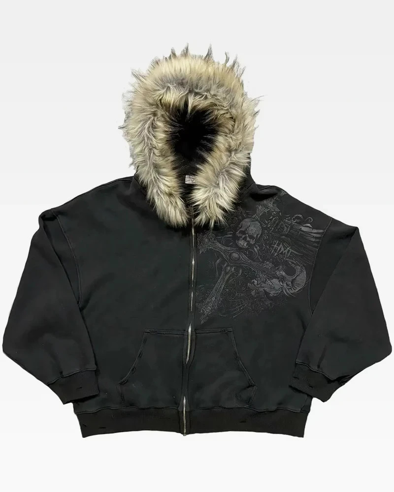 Black Fur Hooded Y2K Zip Up Hoodie Unisex Streetwear Archive