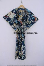 Abito donna blu pigiama maxi cotone caftano stampa scimmia animale etnico ind...