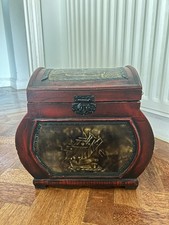 Vintage Chinese wooden treasure chest box with brass and ship inlays
