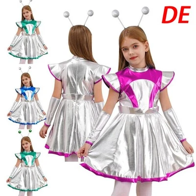 TIAOBUG DE Kinder Mädchen Space Alien Kostüm Glänzendes Metallisch Kleid mit Stirnband