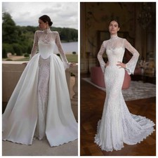 Detachable Train Beaded Lace Wedding Dress With Corset Mermaid Long Bridal Gowns