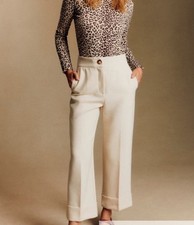 Sezane Damon Trousers Pants Wide Leg High Rise Cuffed Career Ecru 46