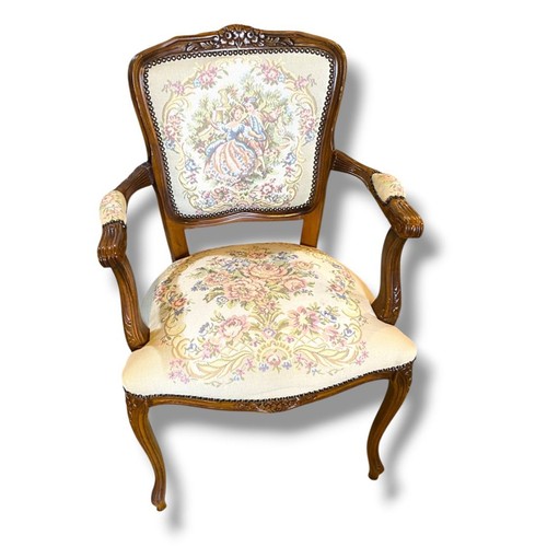 Vintage French Provincial Armchair Louis XV Style Tapestry Fauteuil Carved Wood