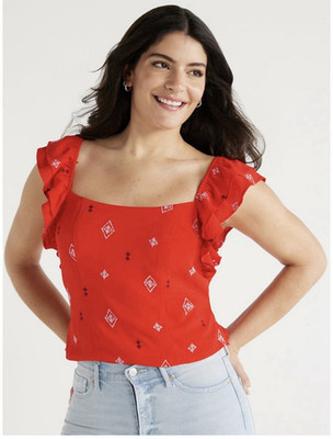 Sofia Jeans Red White Geometric Ruffle Sleeve Square Neck Cropped Blouse M