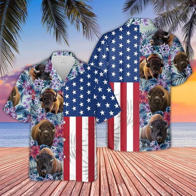 Hawaiian Cow Shirt, Bison Flower Pattern American 3D Hawaiian Shirt