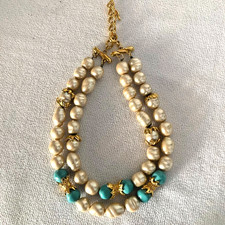 FENDI 1980s - 1990s Gold Tone Faux Turquoise & Fresh Water Pearl Beaded Necklace