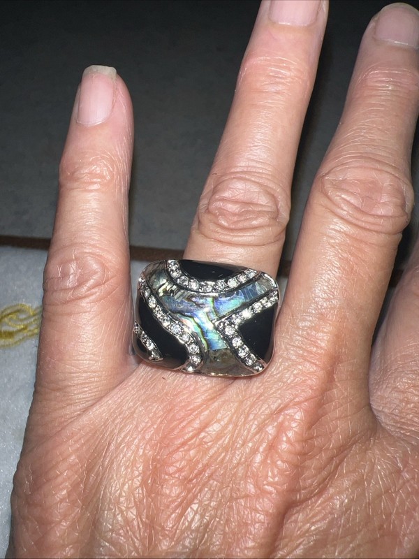 VTG/modern Silver Tone Rhinestone & Abalone Shell Ring Sz 7.5.  L