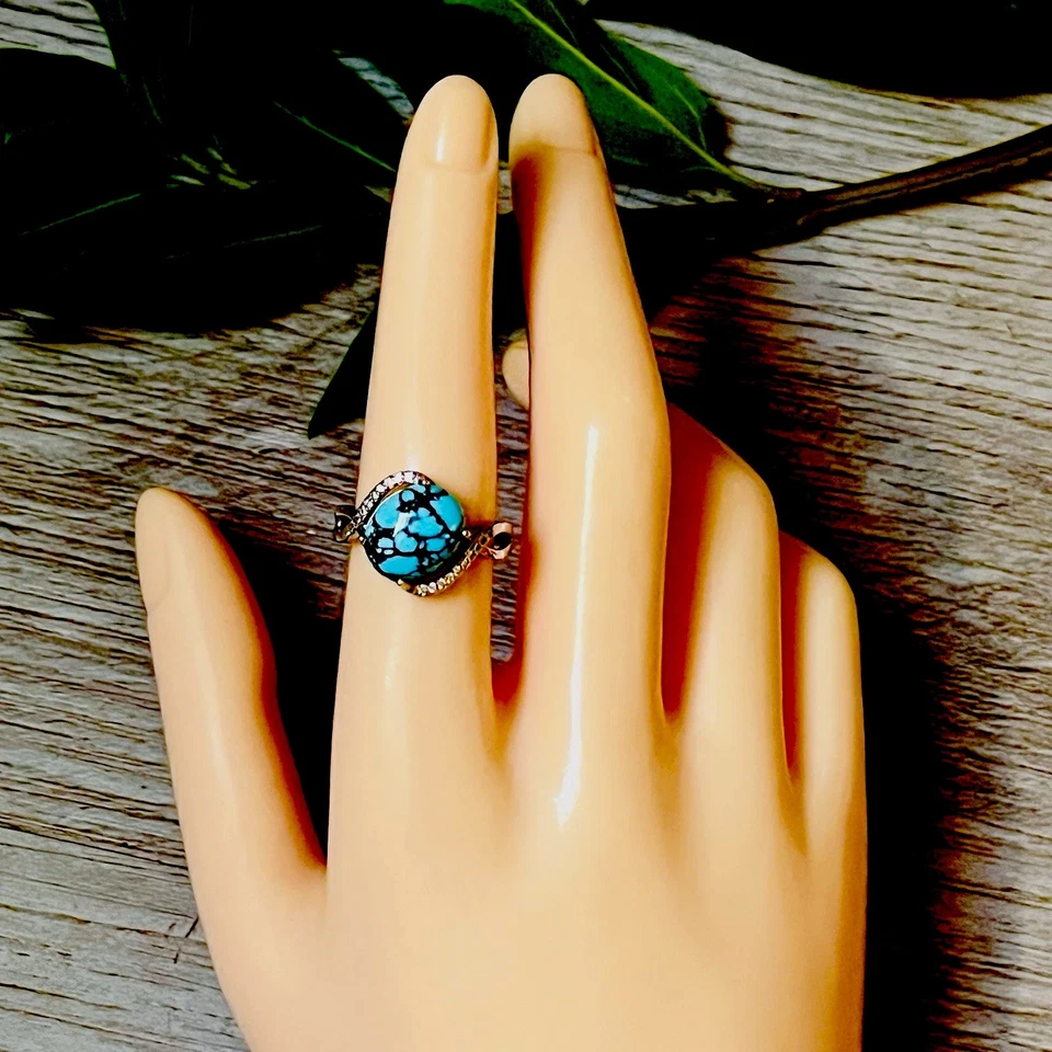 Anillo Turquesa Telaraña Natural Declaración Deco Diamante Halo Ajustable Foto 4 de 4
