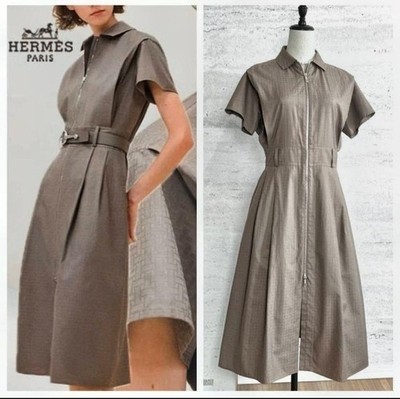 Hermès Mosaique Zip-Up Shirt Dress 36 Etoupe Cotton France Excellent SR2583