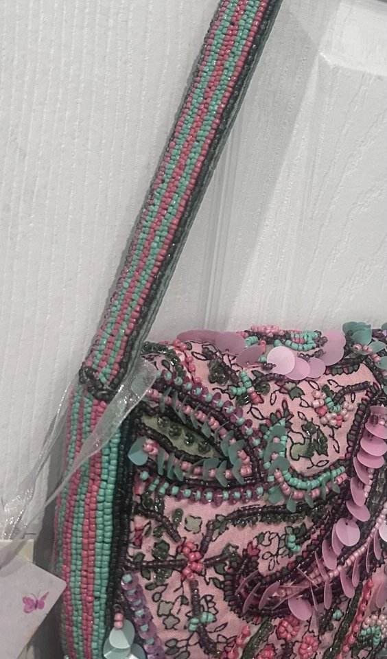 Bolso Viral con Flecos Cuentas Hecho a Mano en India TikTok Nuevo con Etiquetas Rosa Verde Aqua Paisley Foto 4 de 4