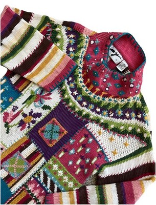 Vintage 1990's Marie Y Multicolored Sweater M Striped Embroidered Heavy A+ Qualy