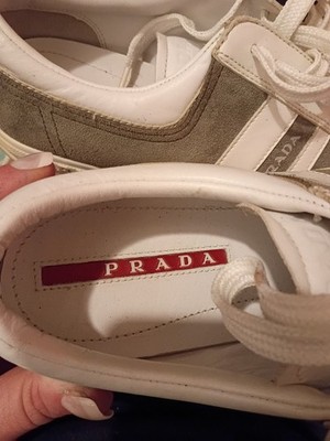 PRADA Men's Low Top Lace-Up Athletic Sneakers White/Gray Colorblock Logo