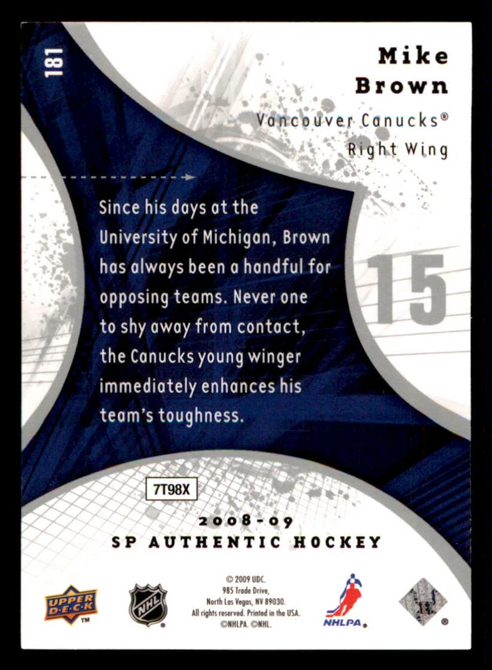 2008-09 SP Authentic #181 Mike Brown RC /999 (ref 239789) - Image 2 of 2