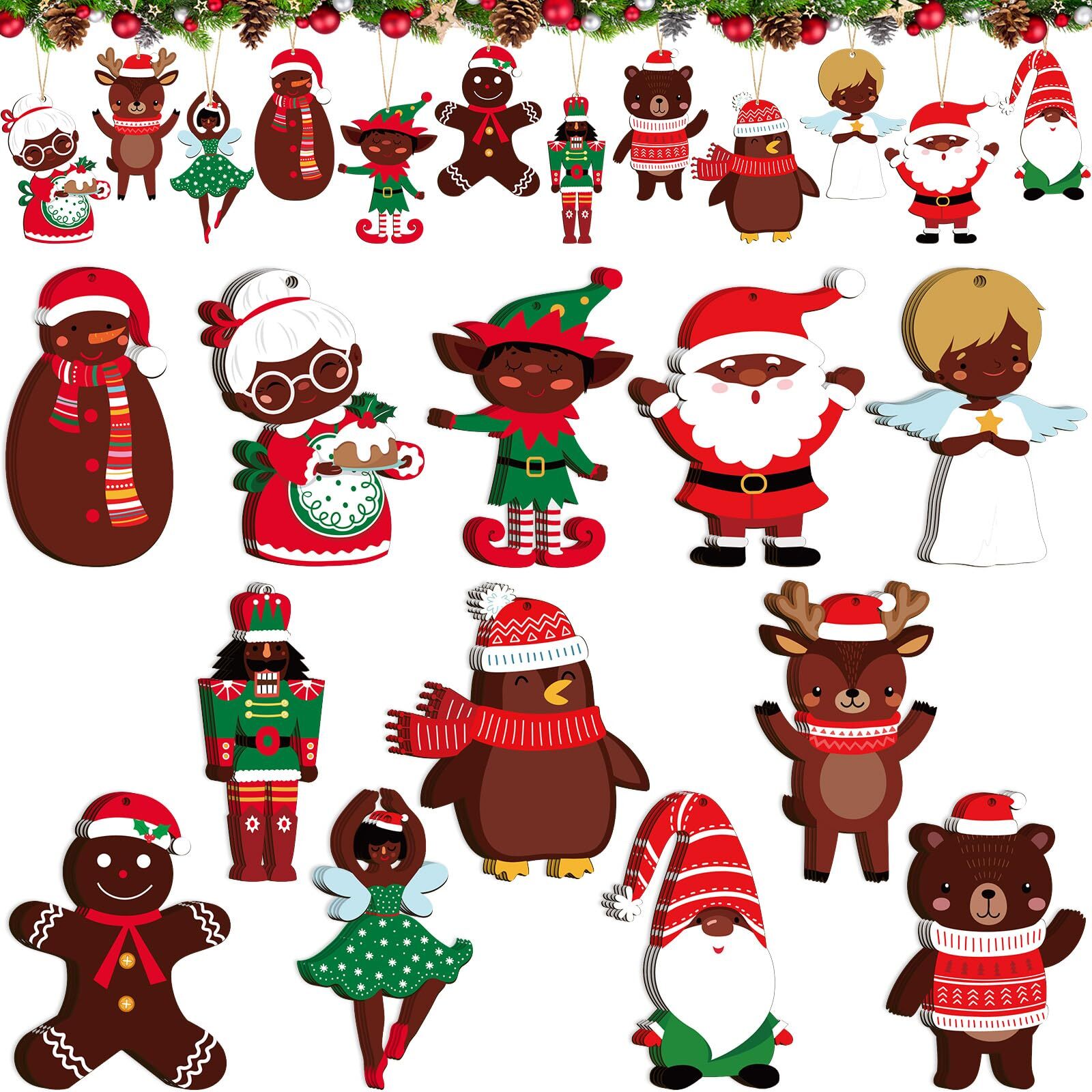 Christmas African American Hanging Ornaments Set Wood Black Santa Claus Angel...