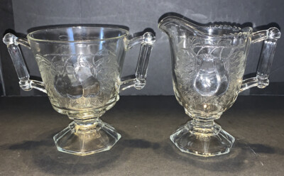 Vintage 1950's Jeannette Glass BALTIMORE PEAR Footed Creamer and Sugar Bowl Set