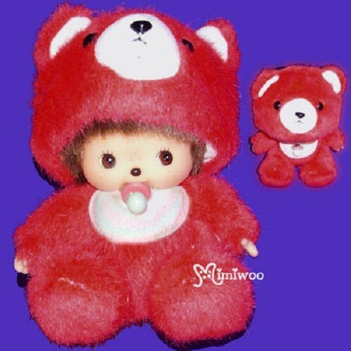 235240 Monchhichi Baby Bebichhichi Animal Sitting Plush ~ Bear Boy ~ RARE - Picture 2 of 2