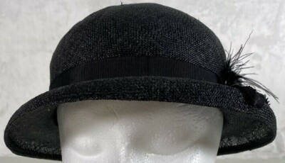 1960s True Vintage Black Cloche Style Tall Brimmed Hat With Beads And A Bow Vintage Cloche Hat One Size Black Bow Feather On The Side  main image 2