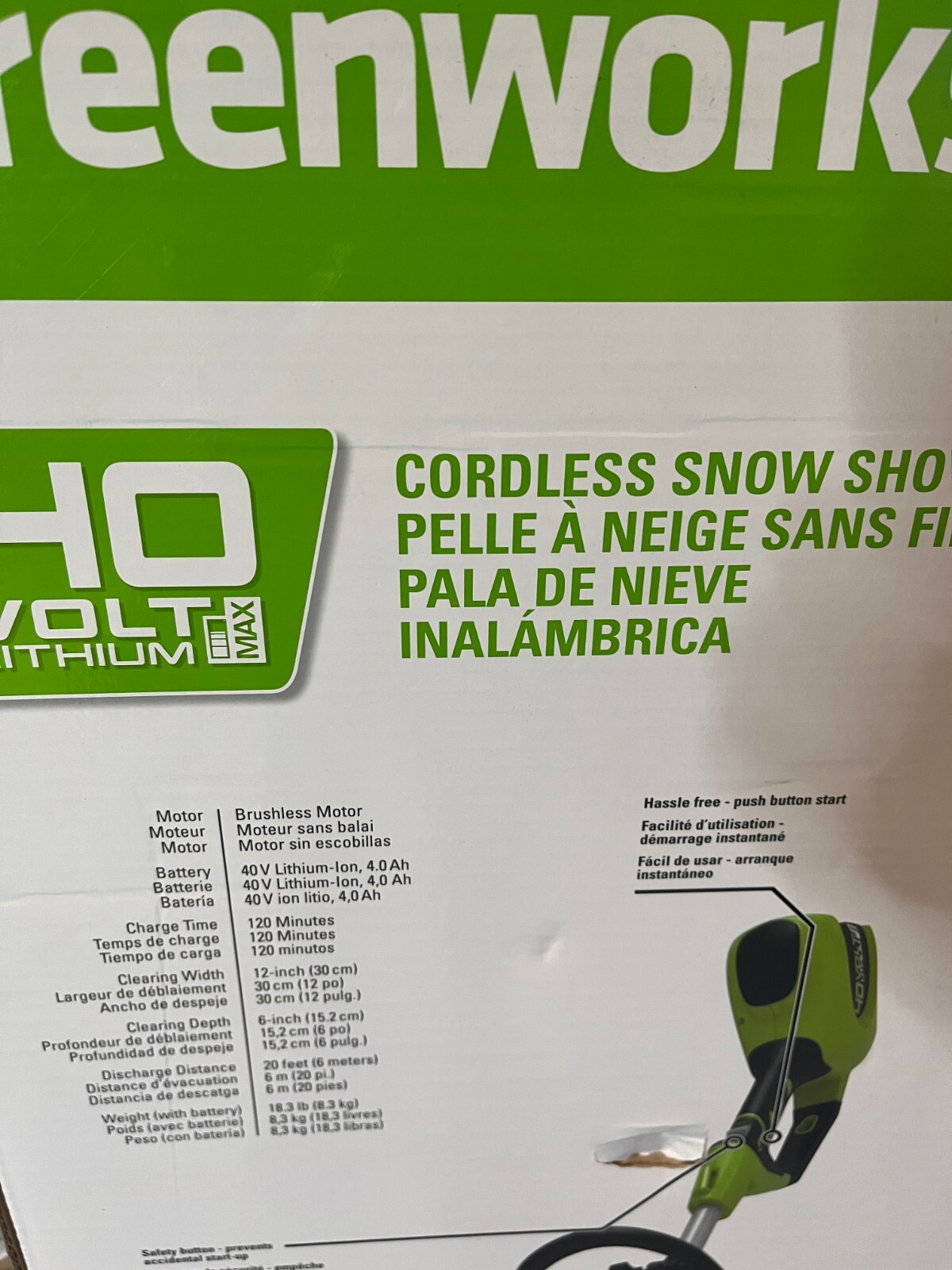 GreenWorks GLSS40000 40Volt GMAX 12Inch Snow Shovel 2601402 TOOL