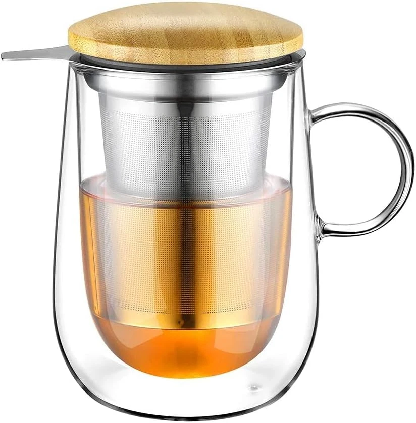 Tea Infuser Mug 14.5Oz Insulated Heatproof Glass Tea Cup with Removable Infuser