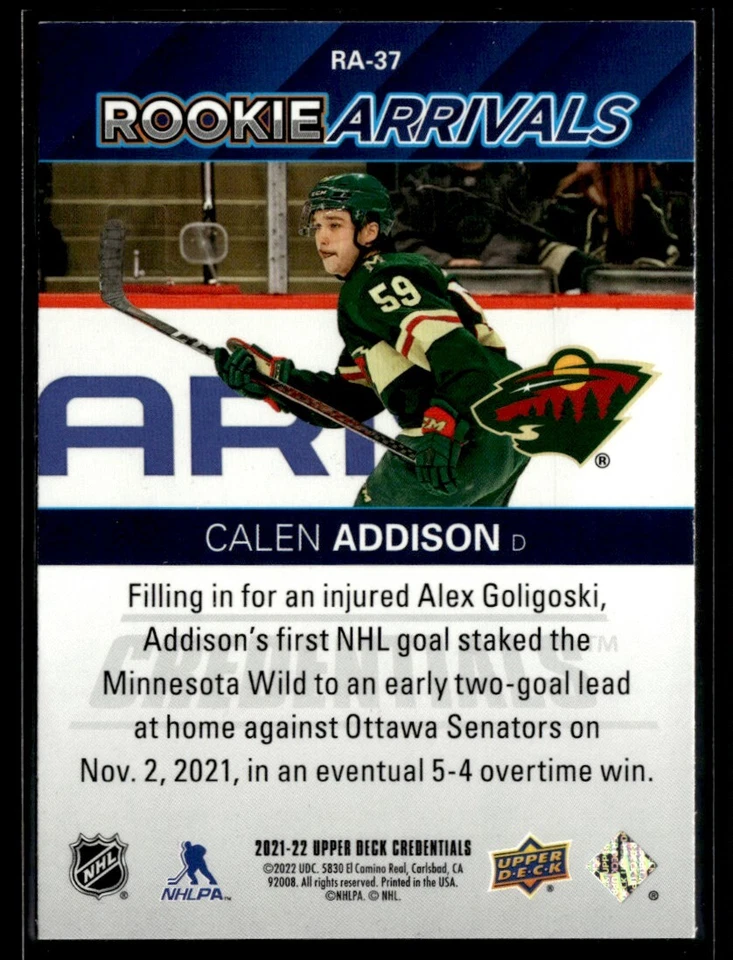 2021-22 Upper Deck Credentials Rookie Arrivals Calen Addison #RA-37 - Image 2 of 2