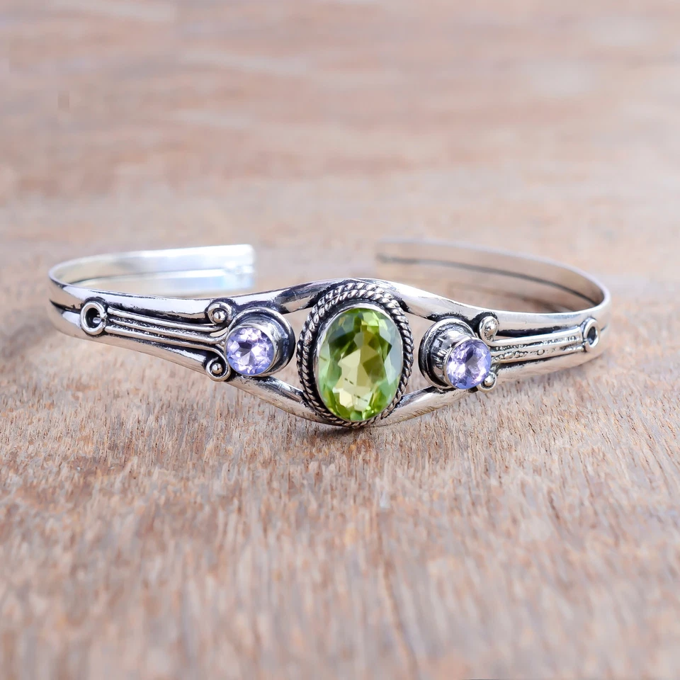 Peridot Cut, Amethyst Gemstone Bracelet 925 Sterling Silver Handmade Man's Cuff - Image 4 of 4