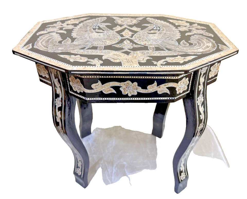 Handmade Wooden End Table Carving Wood Table Home Decor Mother of Pearl Inlay - Image 3 of 4