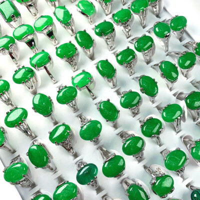 Wholesale Jewelry 100Pcs Natural Stone Malay Jade Gemstone Silver Plated Rings