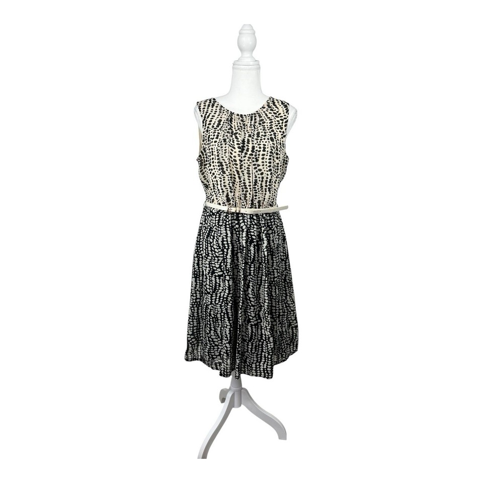 INSPYRE Cream & Black Pleated A-line Midi Dress Approx Sz 12 Office Work #0527