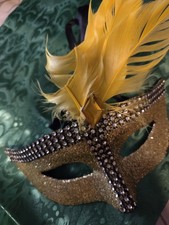 Venetian Gold Glitter Rhinestone Eyemask w/ Yellow Feather Black Ribbon Ties