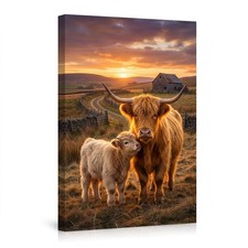 Highland Cow and Calf at Sunset Farm Scene Poster Wall Art Highland Cattle Decor