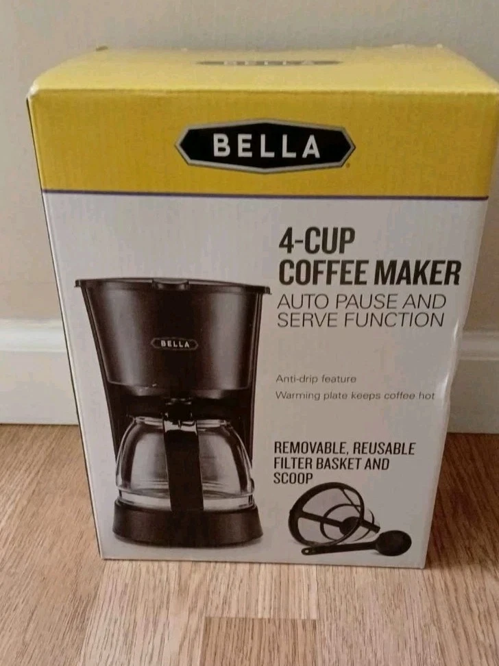 New Bella 4 Cup Coffee Maker Auto Pause & Serve Function, Reusable Filter Basket