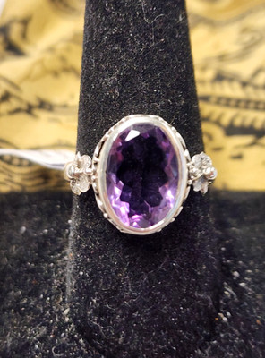 Frangipani Allure Floral Sterling Silver and Amethyst Ring sz 10