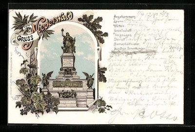 Lithograph Rüdesheim, national monument on the Niederwald 1896 
