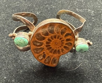 SIGNED MD STERLING SILVER AMMONITE FOSSIL TURQUOISE CUFF BANGLE BRACELET 48G