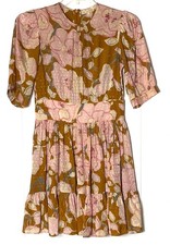 by TiMo Pink Gold Jacquard Floral Ruffle Pleated Smocked Waist Tea Dress S = 4/6
