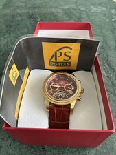Portas Automatik Herrenuhr Edelstahl vergoldet Ziffernblatt Rot mit Lederarmband