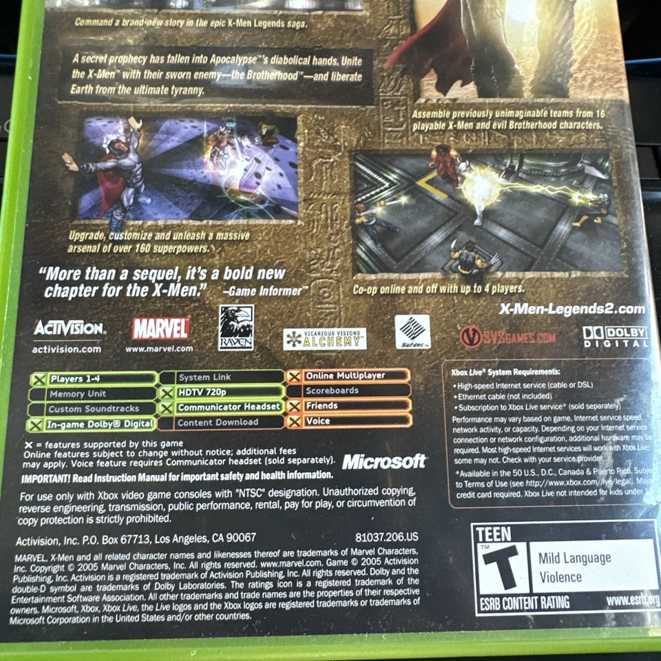 X-Men Legends II 2 Rise Of Apocalypse Xbox CIB Completo con Manual. Probado Foto 4 de 4