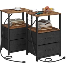 End Table with Charging Station, Side Table with 2 USB Ports and Outlets, Nig...