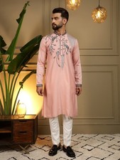 Men  s Peach Pink Embroidered Kurta Pajama Set Viscose Silk Wedding Party Wear