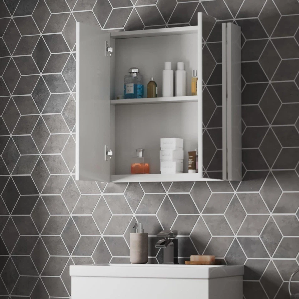 600mm Bathroom Mirror Cabinet 2 Door Storage Cupboard Wall Hung Modern White - Image 4 of 4
