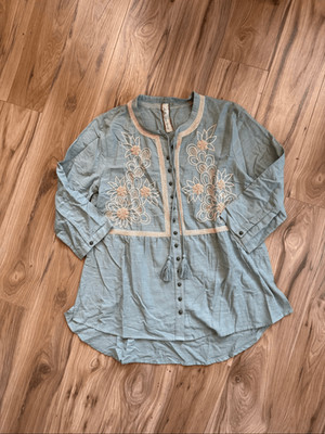 Arrata Silent Journey Womens Dusty Blue Cotton Beaded Tunic Blouse Size Large