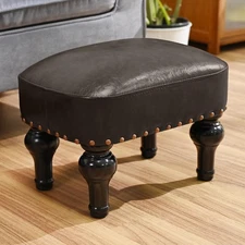 Leather Ottoman Footrest,Rustic Foot Stools Seat,Wood Footstool Rectangle Foo...