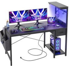 LED Computer Desk with Power Outlets - 120x50cm Gaming Desk Large Storage Shelf,