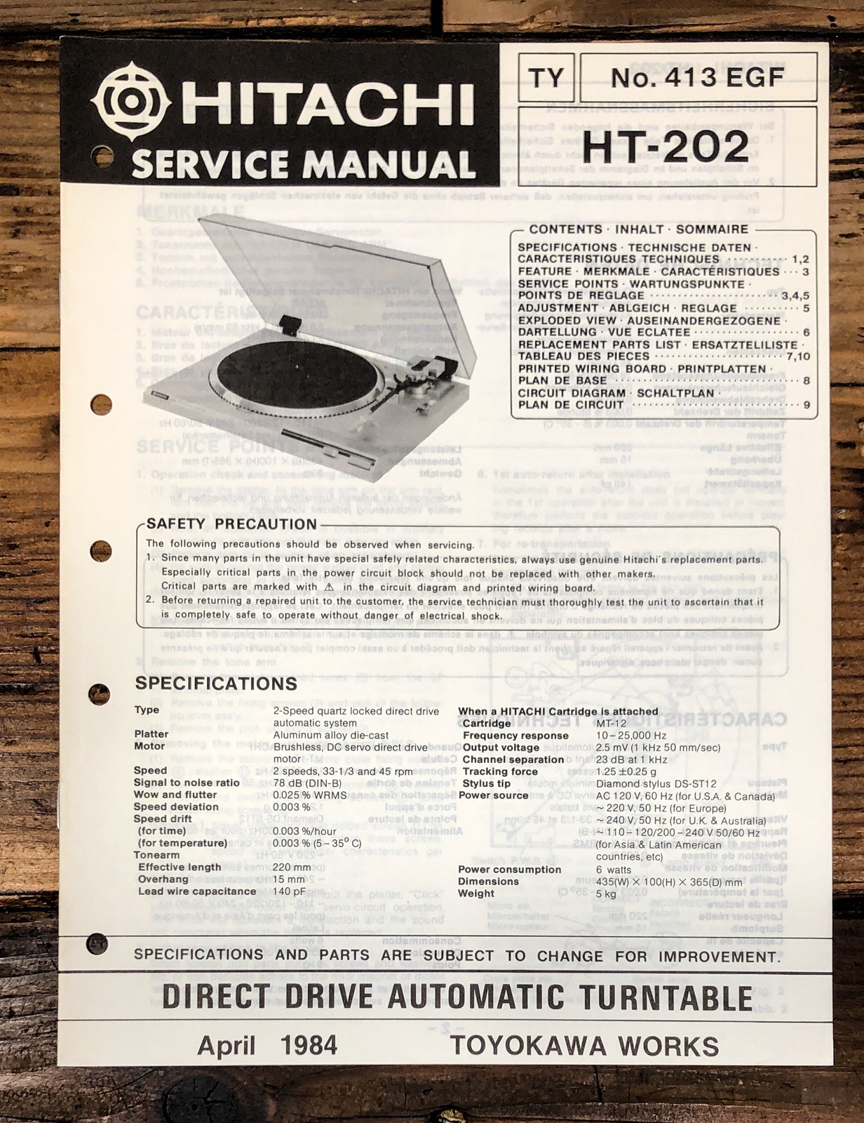 Hitachi HT-202 Record Player / Turntable Service Manual *Original*