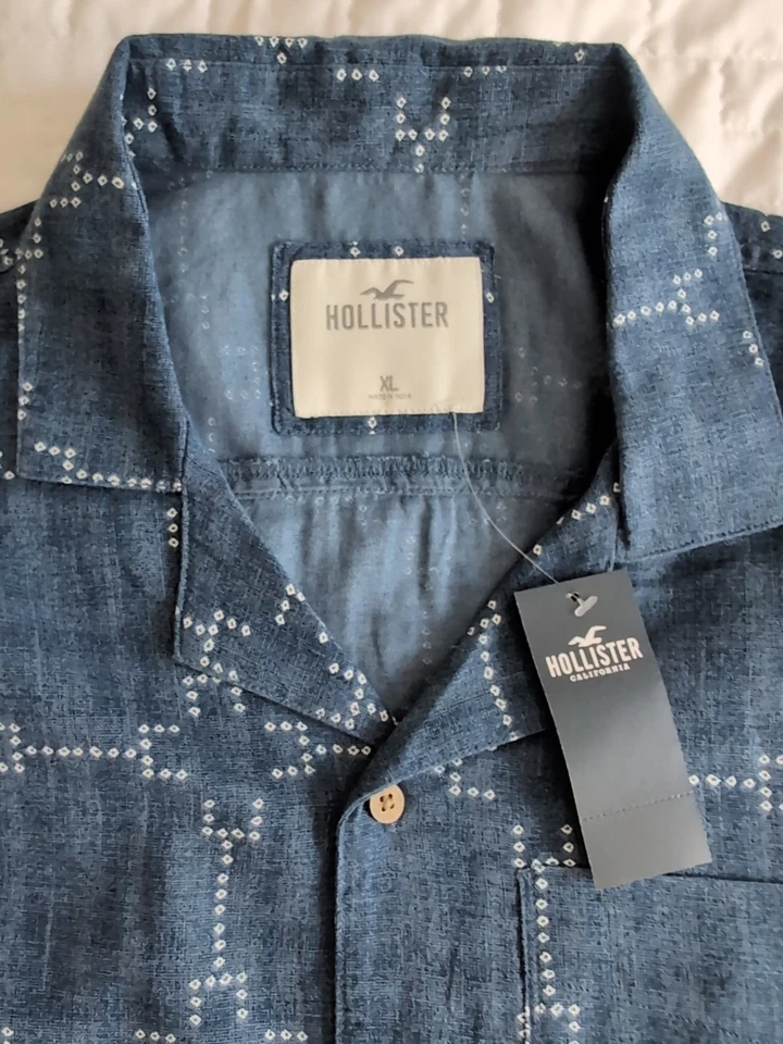 Camisa Hollister Para Hombres Grande Azul Lino Campamento Hawaiano Estampado Geométrico Manga Corta Foto 4 de 4