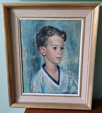 Portrait of a Young Boy Vintage Mid Century Original Oil Painting 1950s Framed
