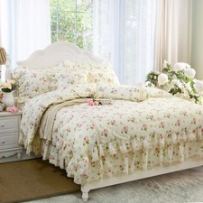 Rosette Floral Print Duvet Cover Set Princess Lace Ruffle Bedding Set for Gir...